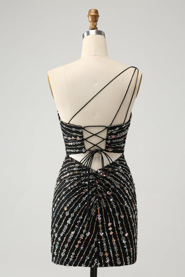Glitter Svart One Shouder Tight Kort Homecoming Klänning med Beading